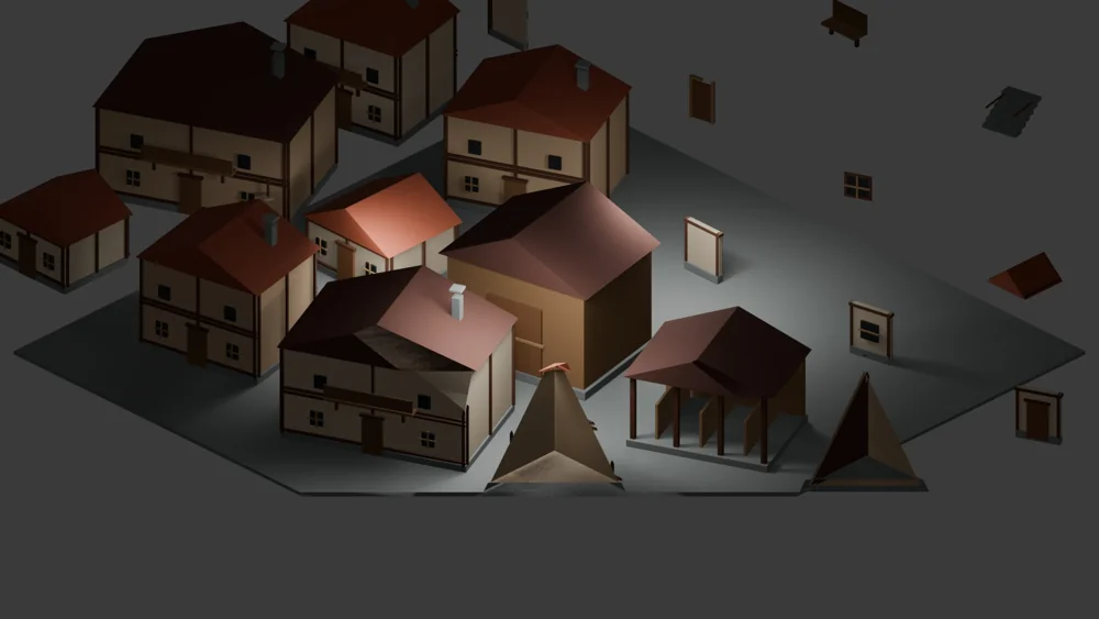 Village Houses & Streets 3D asset collection render