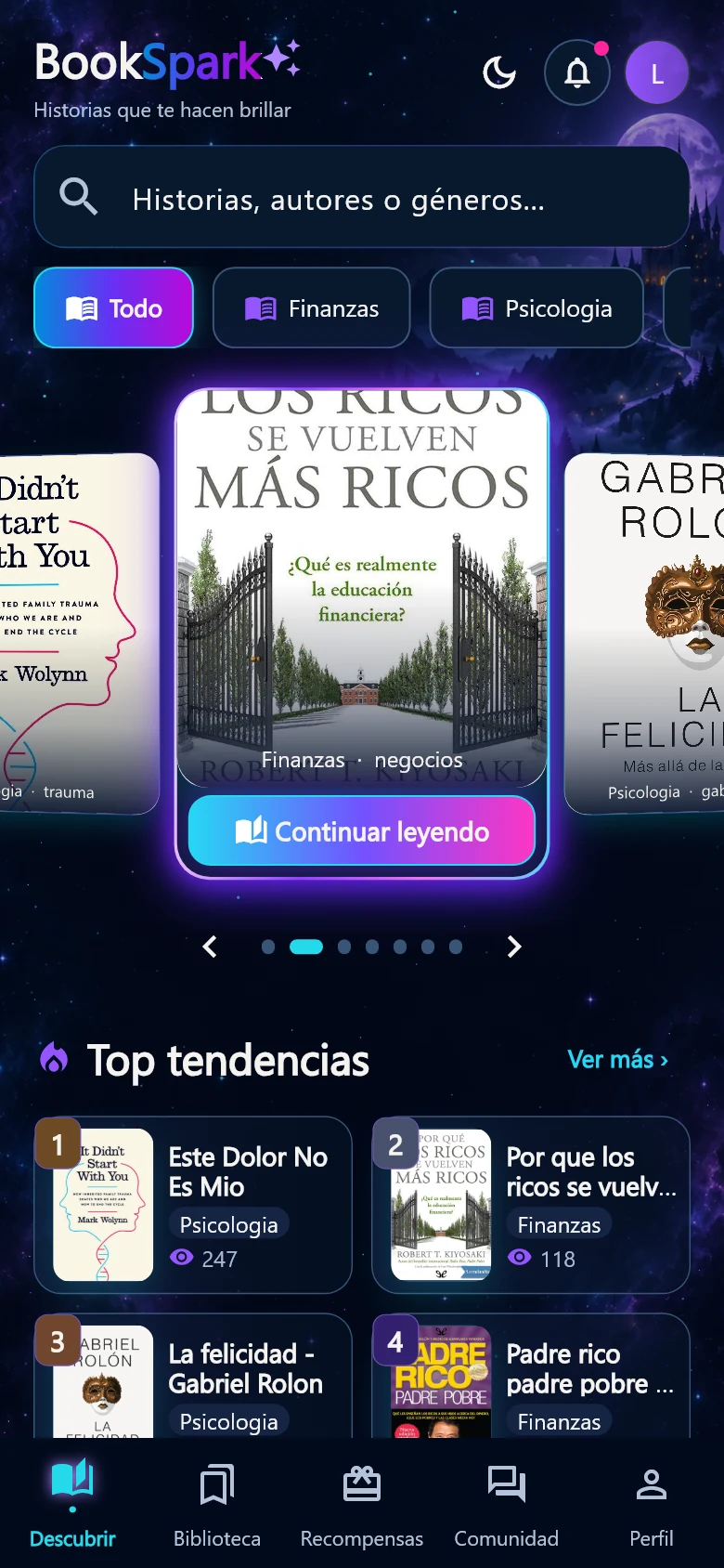 BookSpark — Discover your next story; Rendered from the BookSpark Flutter application with sample reading activity.