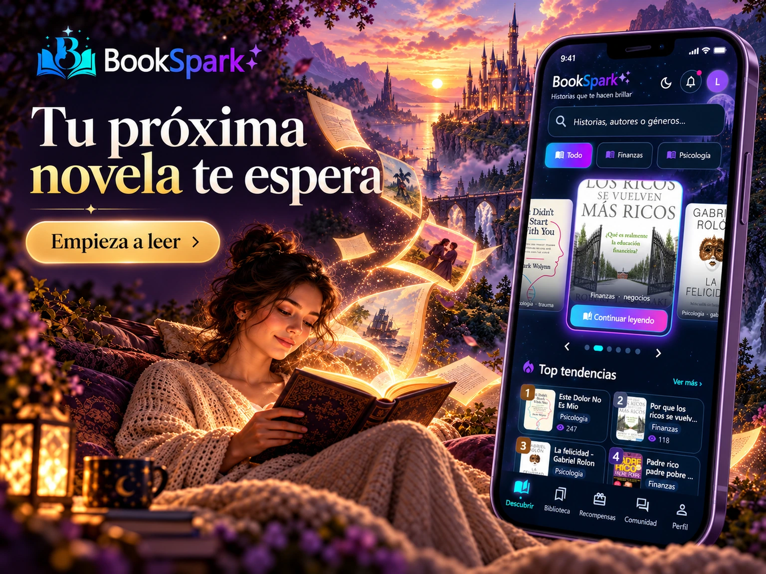 Imagen promocional de BookSpark con su logo y la interfaz para leer novelas en Android