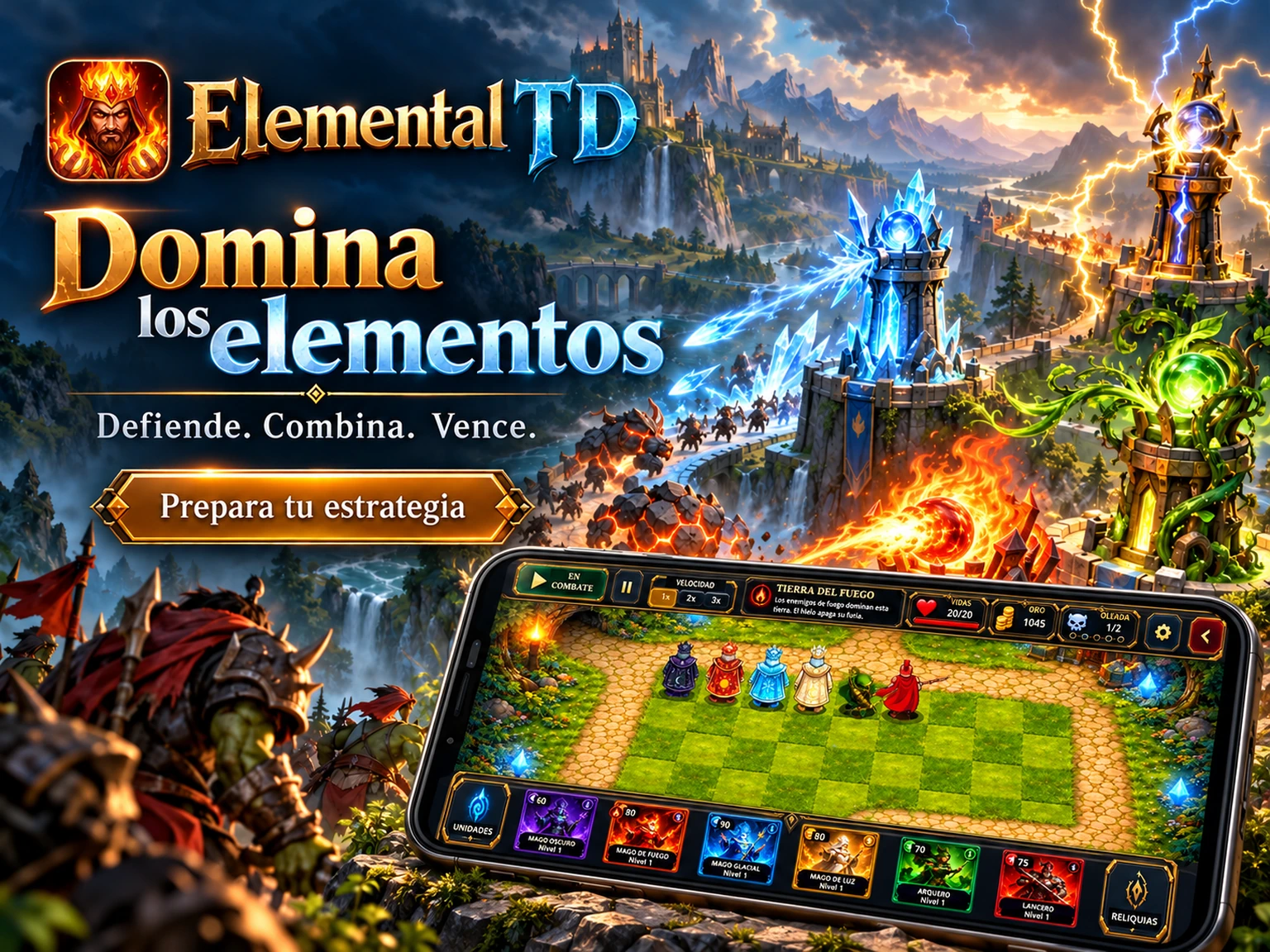 Imagen promocional de Elemental TD con torres elementales defendiendo el campo de batalla