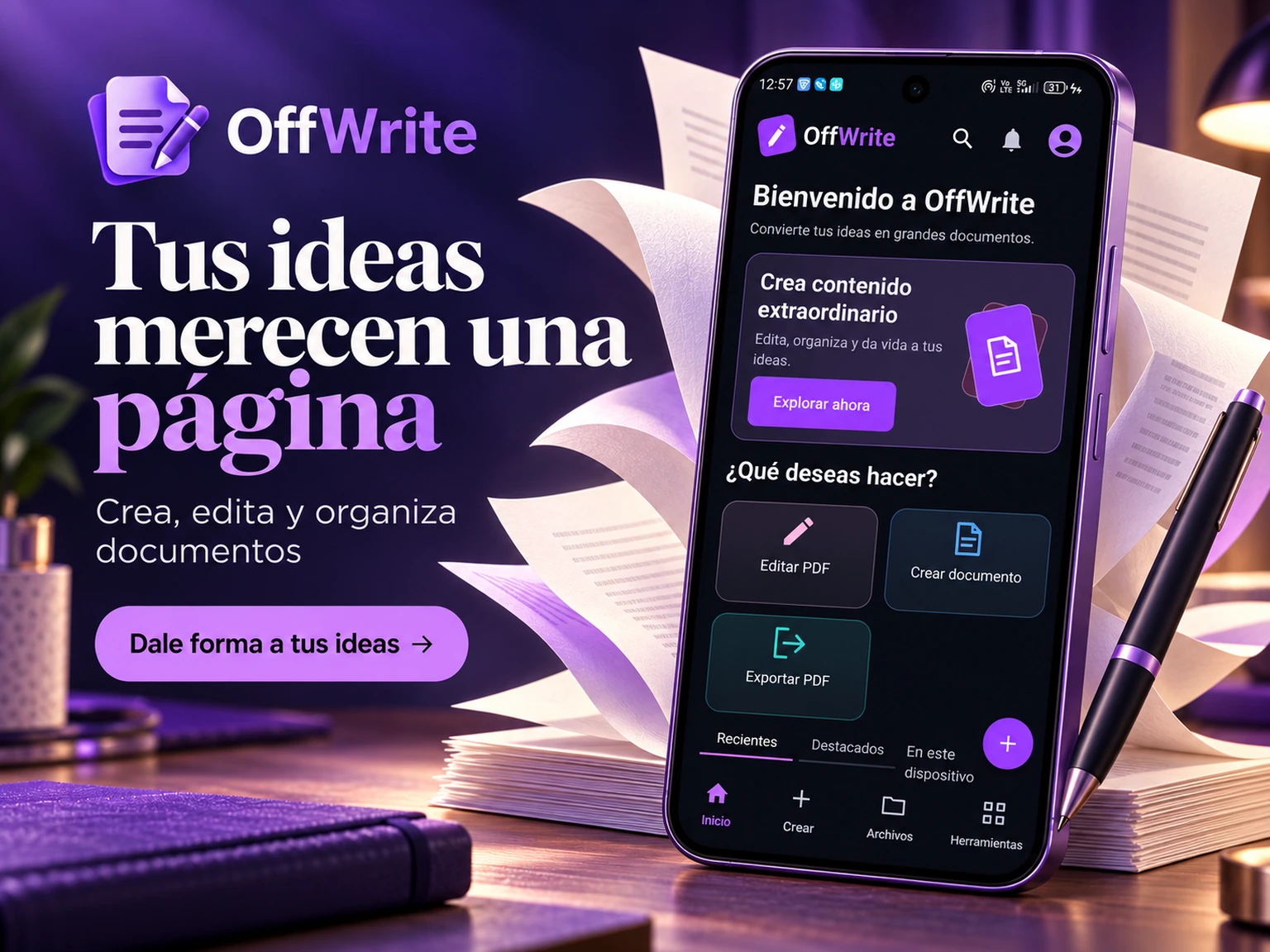 Imagen promocional de OffWrite con su logo y la interfaz del editor PDF y documentos Android
