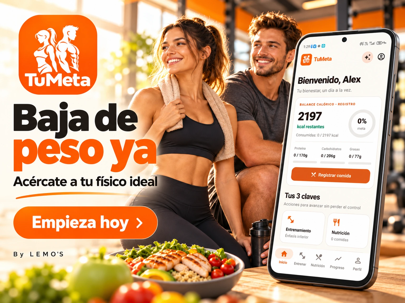 Imagen promocional de TuMeta con su logo y la interfaz de entrenamiento y nutrición Android