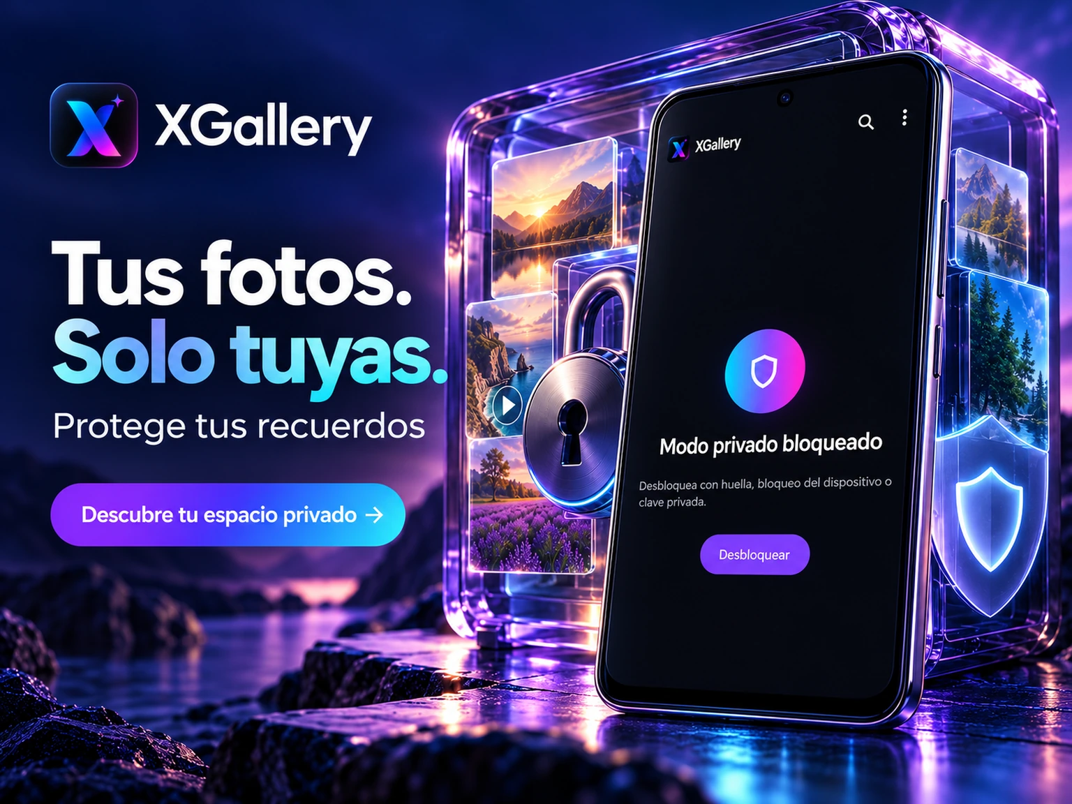 Imagen promocional de XGallery con su logo y la interfaz de galería y bóveda privada Android