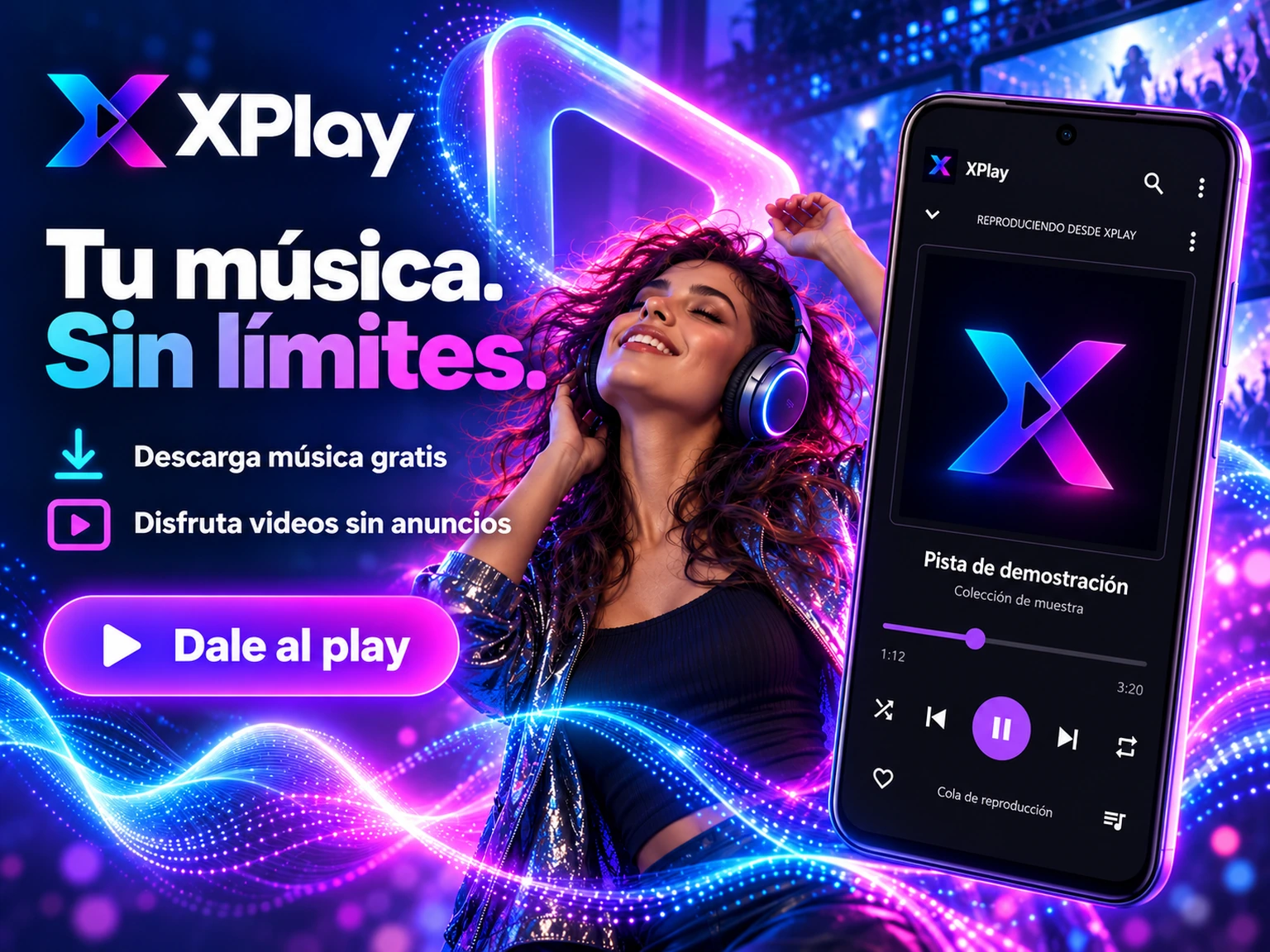 Imagen promocional de XPlay con su logo y la interfaz del reproductor de música Android