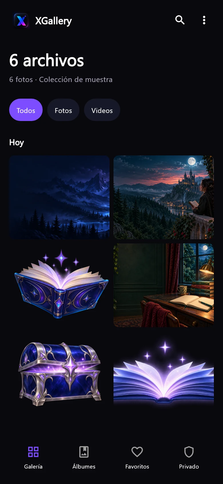 XGallery — Your collection, in focus; Flutter presentation renders recreated from the Android interface. Sample content; not native screenshots.